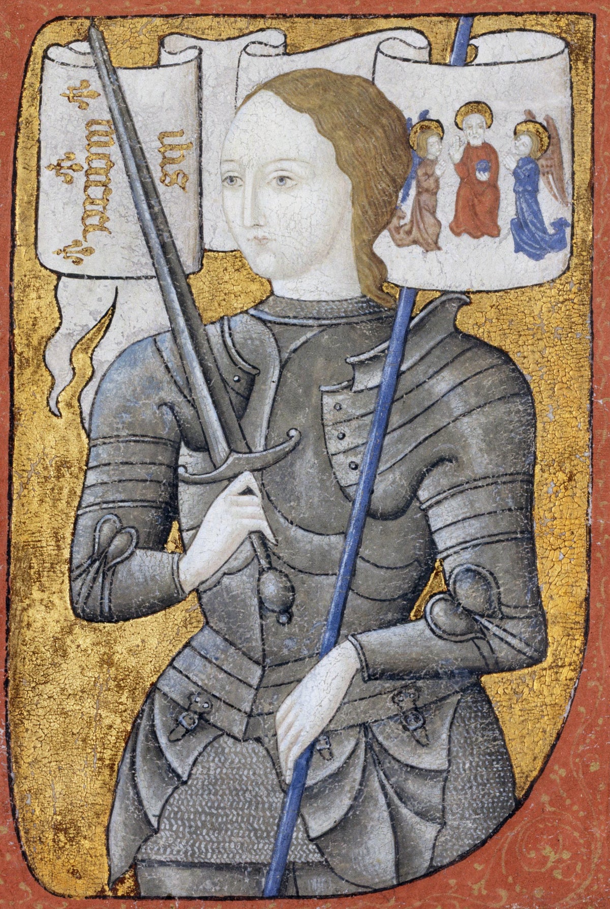 Medieval-style illustration of a woman in armor holding a sword and banners, with a gold background and figures depicted on the banners.
